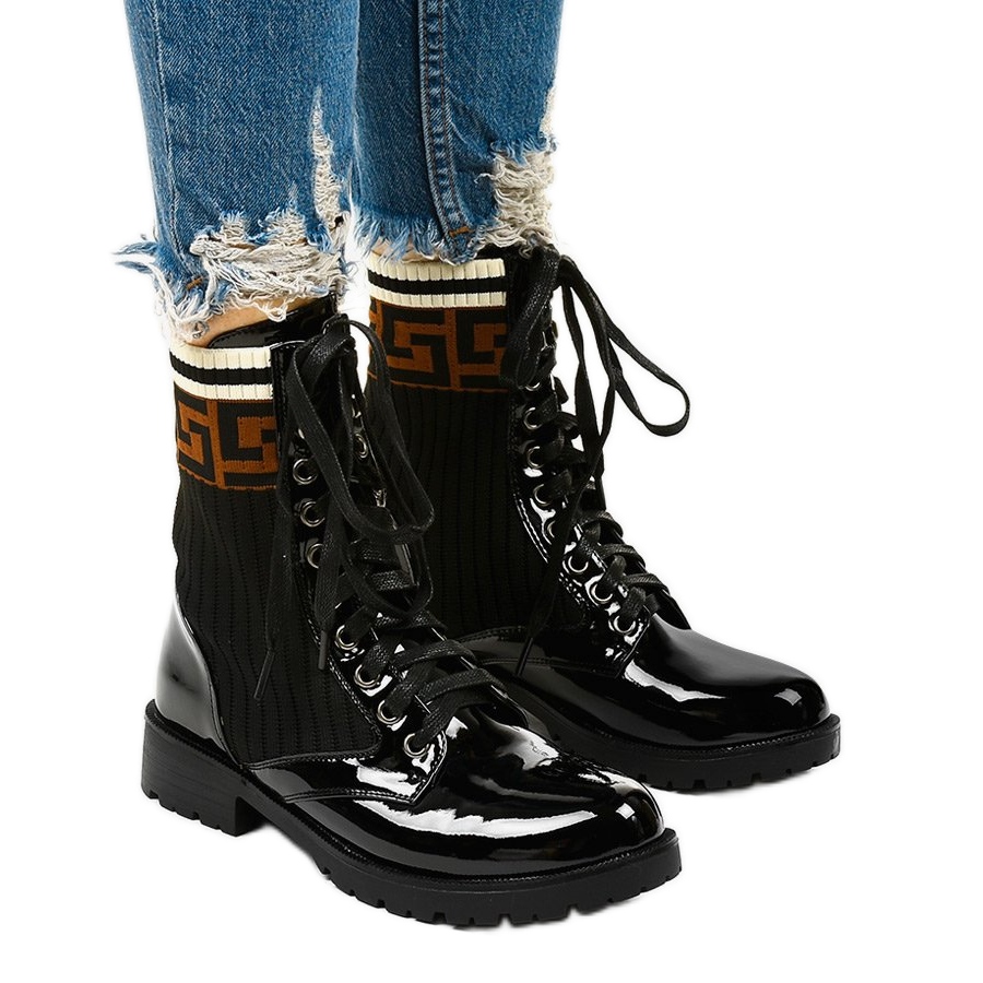 Black Patent Leather Boots with Sock Gwynn Fashionable Shoes