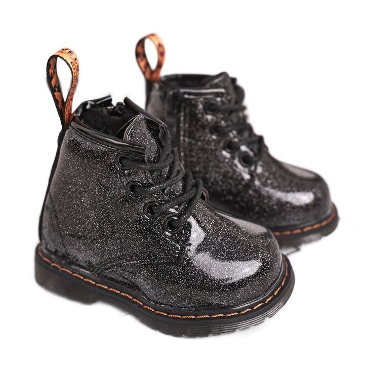 FRROCK Children's Boots Warm with a zipper Lacquered Glitter Black Mistor