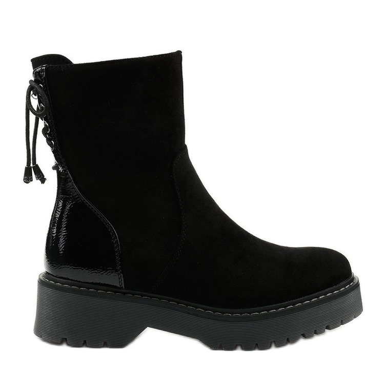 Black suede-like ankle boots with a Keensallow zipper