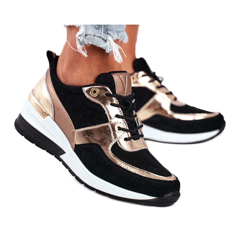 Vinceza Women's sports shoes leather black and gold 21-7777