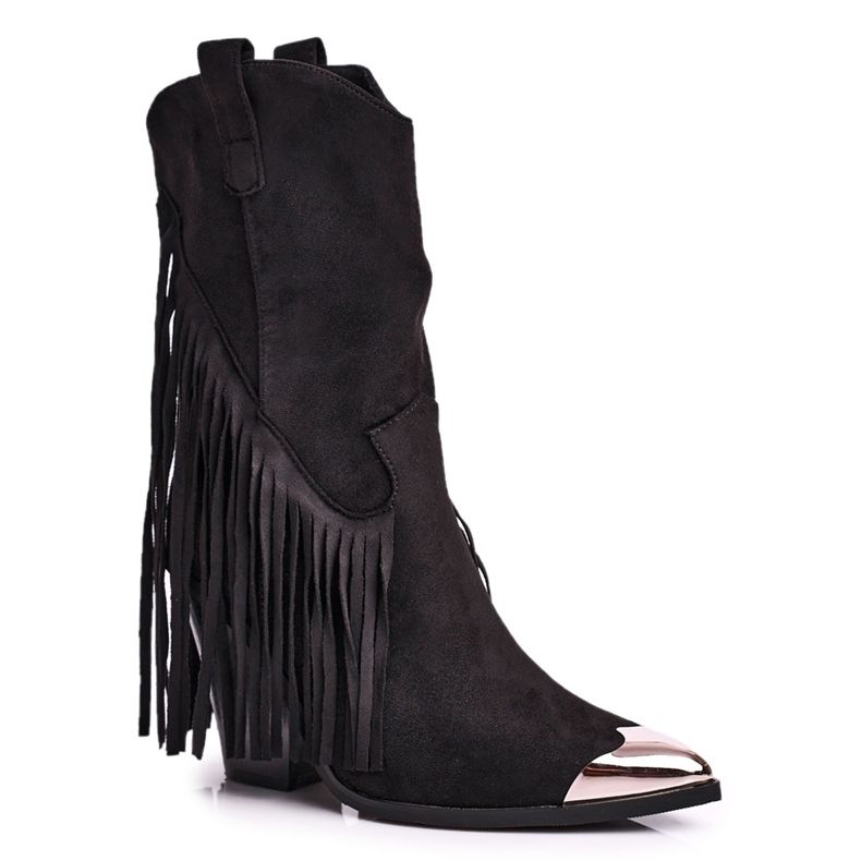 Women's Boots With Fringes Suede Black Cowboy Boots Jessica