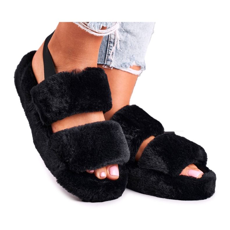 FJ1 Women's Slippers on the Platform Fur Black Cotton Candy