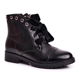 MSMG Women's Boots With Metal Pearls Warm Perla Ribbon black