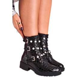Boots With Pearls Lacquered Black Whitney Animal Motif