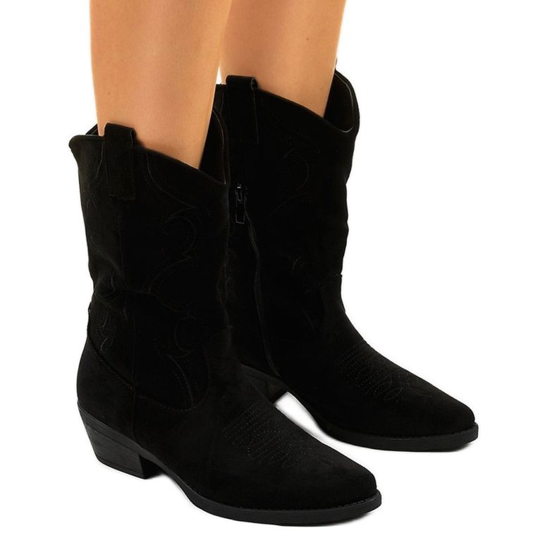 Black suede cowboy boots with an alelynna zipper
