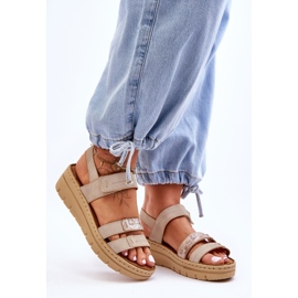 Vinceza Women's Leather Sandals With Velcro Beige Fresh Look 1