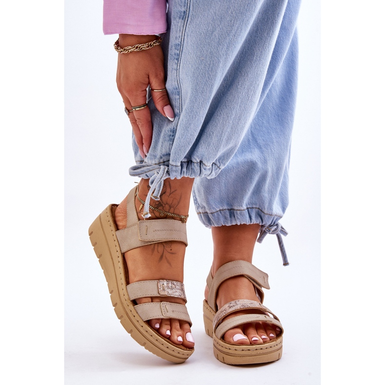 Vinceza Women's Leather Sandals With Velcro Beige Fresh Look 2