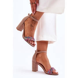 Fashionable High Heels Sandals With Decorative Stones Beige Love Me 1