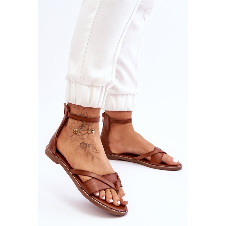 Women's Zipper Flat Sandals Brown Rise Up! 1