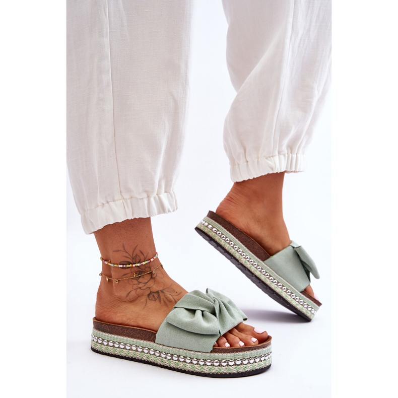 Women's Suede Slippers With Bow Lauria Green 1