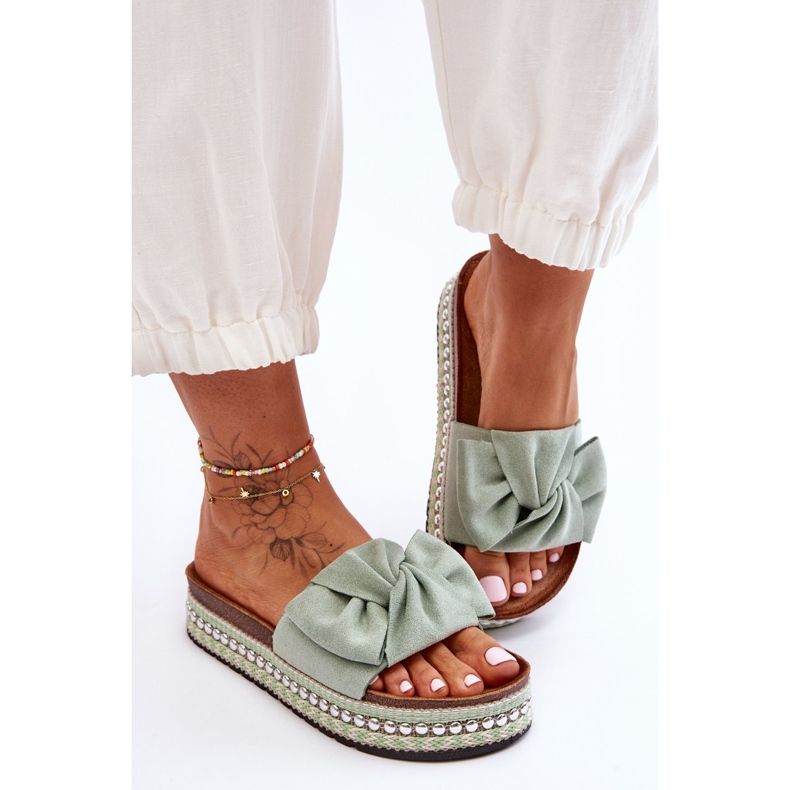 Women's Suede Slippers With Bow Lauria Green 2