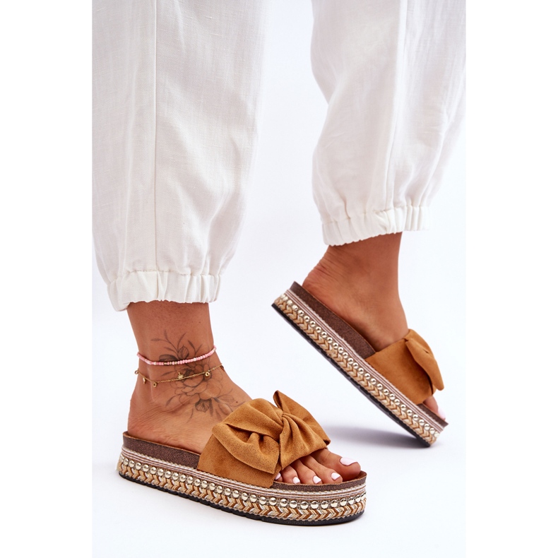 Women's Suede Slippers With Camel Lauria Bow brown 1