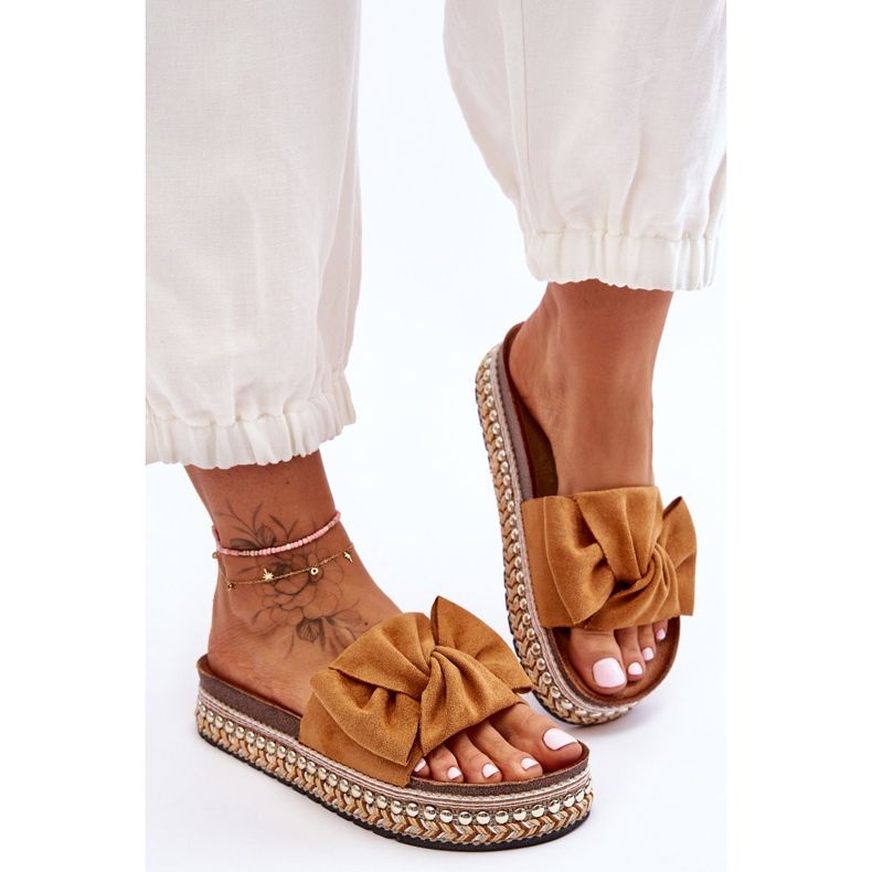 Women's Suede Slippers With Camel Lauria Bow brown 2