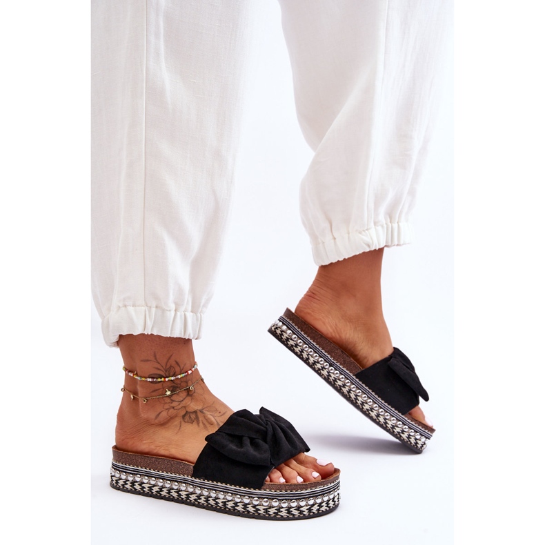 Women's Suede Slippers With Bow Black Lauria 1