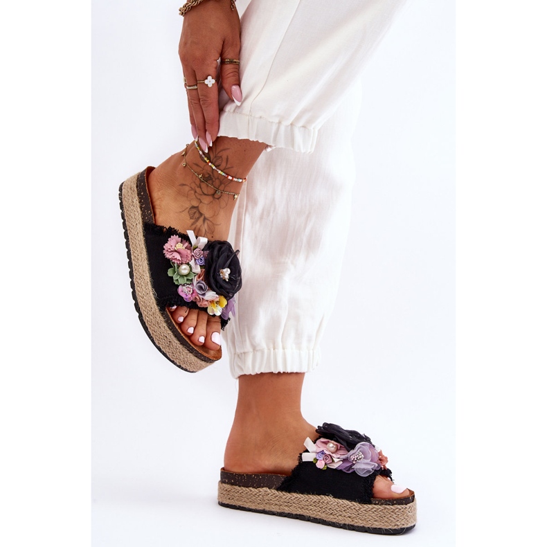 Material Slippers With Flowers Black Nessa 2