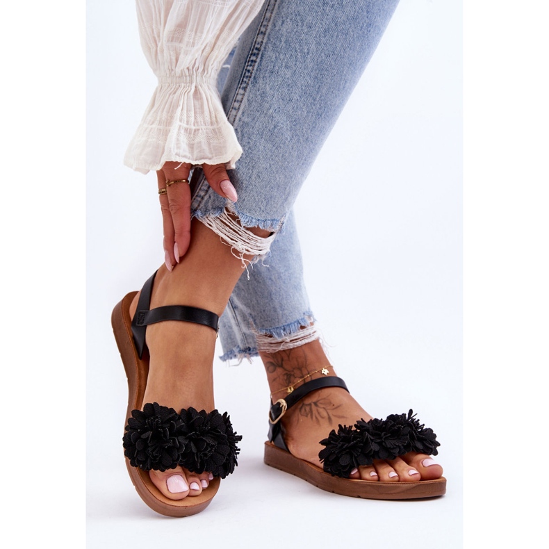 Women's Sandals With Textile Flowers Black Fiori 1