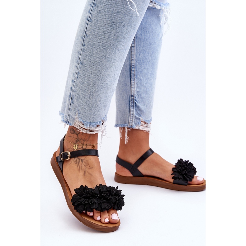 Women's Sandals With Textile Flowers Black Fiori 2