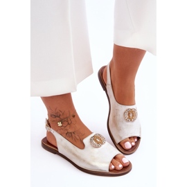 Leather Flat Sandals With Decoration Nicole 2744/004 White-Gold 1