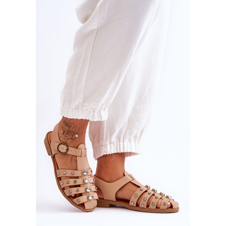 Women's Flat Sandals With Zircons Beige Ascot 2