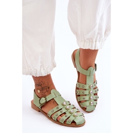 Women's Flat Sandals With Zircons Green Ascot 1