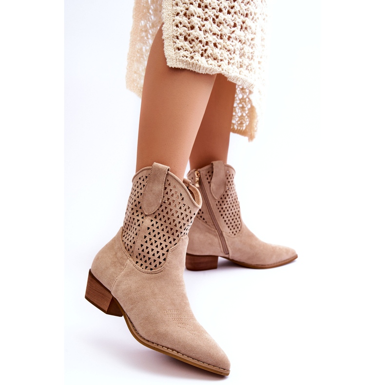 Women's Openwork Cowboy Boots Beige Reeds 4