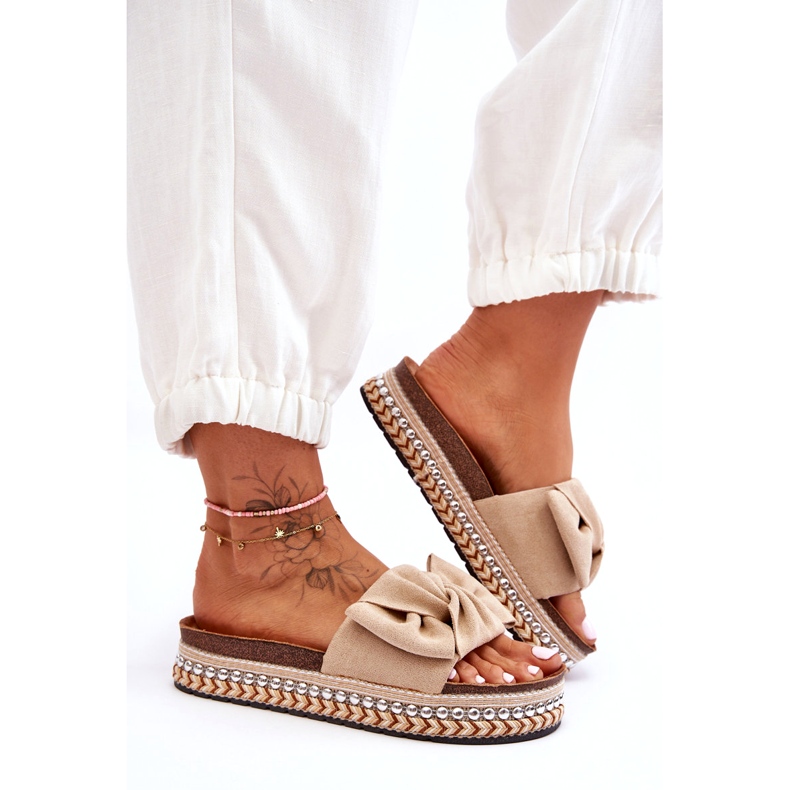 Women's Suede Slippers With Bow Beige Lauria 2