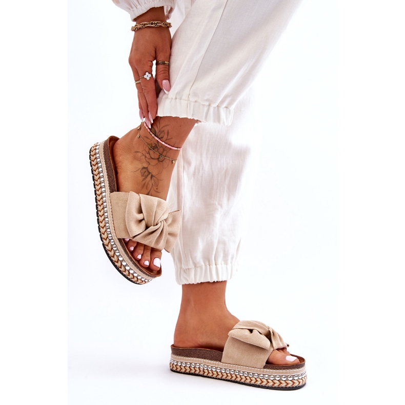 Women's Suede Slippers With Bow Beige Lauria 3