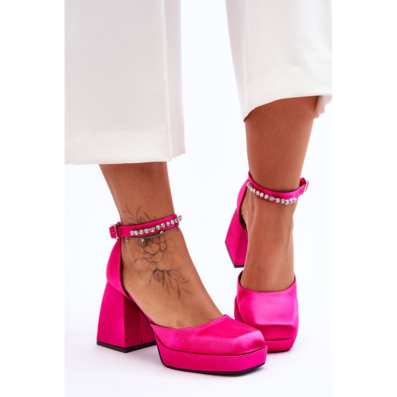 Fashionable Pumps On Massive Heels With Zircons Fuchsia Adel pink 2
