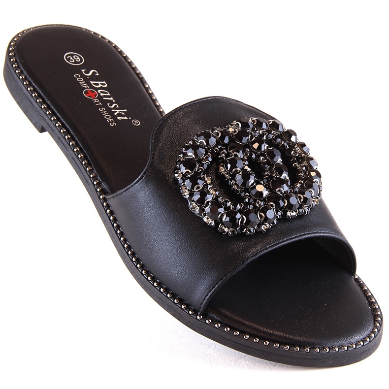 Women's flat comfortable slippers with zircons black S.Barski Kv 520-30 1