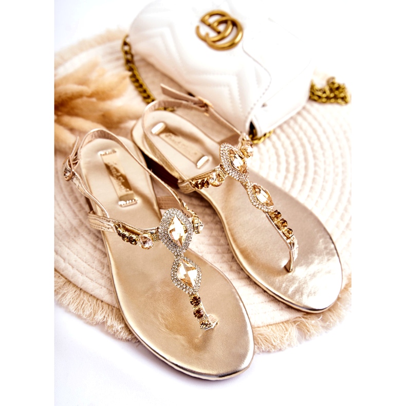 Women's Fashionable Flip-Flop Sandals With Decorative Gold Rhinestones golden 7