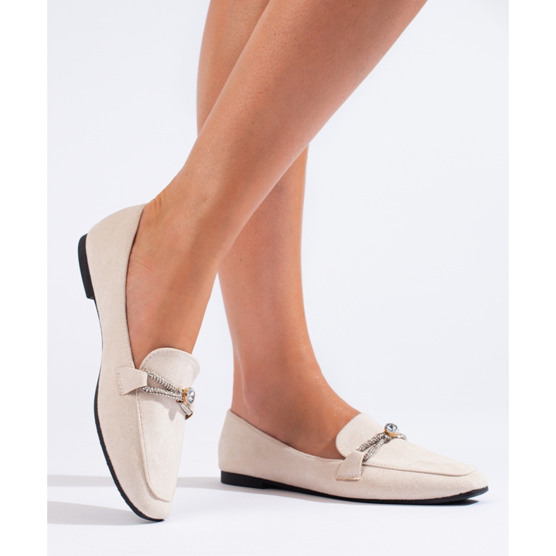 Shelovet beige suede embellished slip-on loafers 1