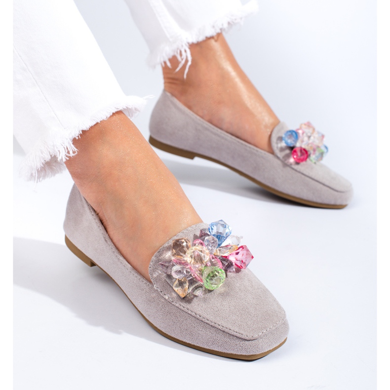 Gray suede loafers with crystals from Shelovet grey 1