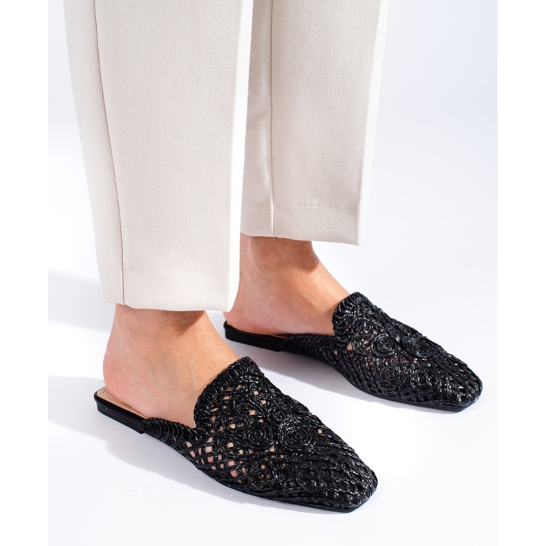 Black flat sandals with an openwork upper from Shelovet 1