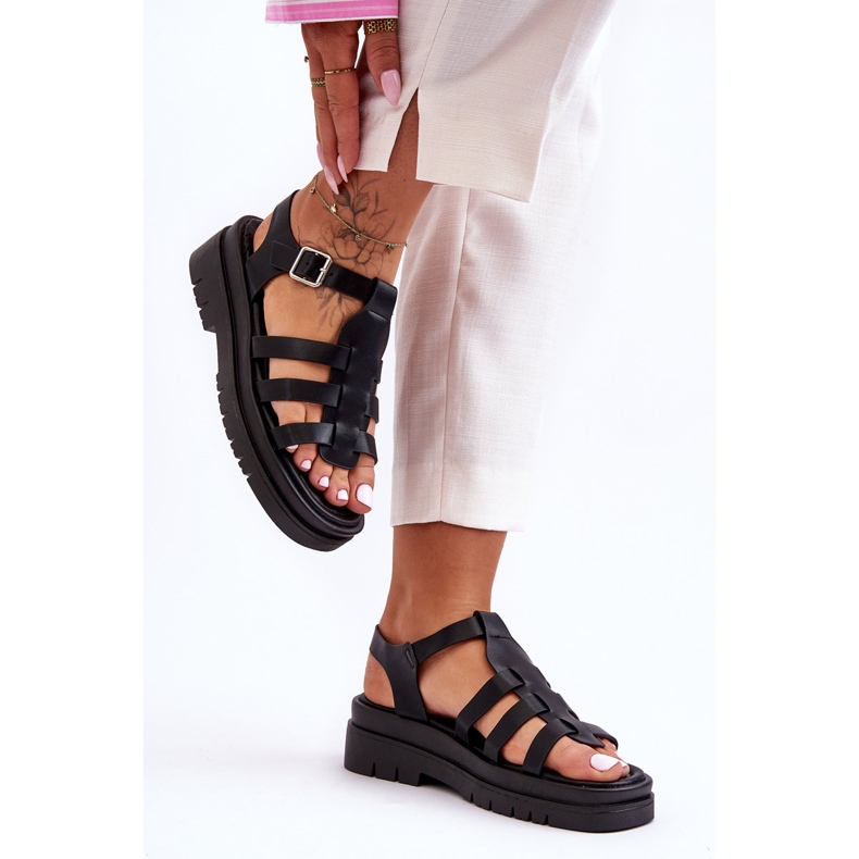 Leather Flat Sandals With Straps Black Diosa 2