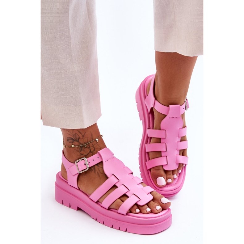 FS1 Leather Flat Sandals With Pink Diosa Straps 1