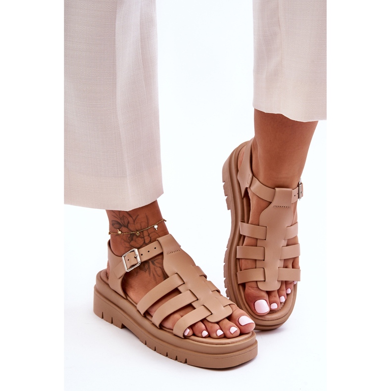 Leather Flat Sandals With Beige Diosa Stripes 2
