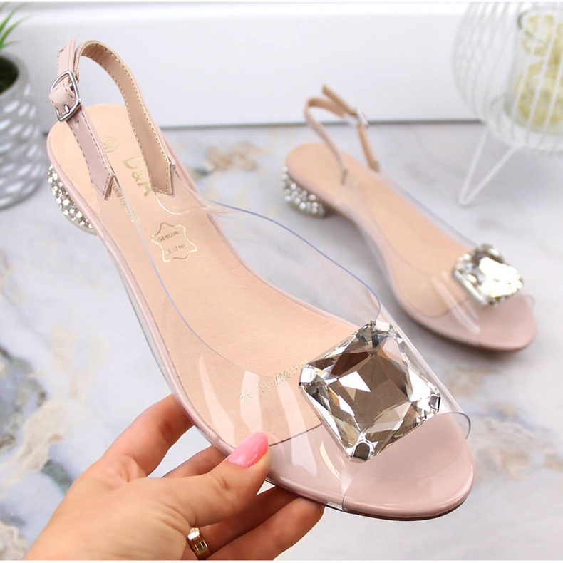 Transparent sandals on a flat heel with a pink stone S.Barski MR1037-10 1