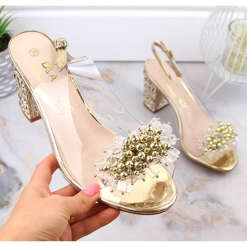 Women's transparent sandals on a gold post with beads S.Barski MR1037-19 golden 1
