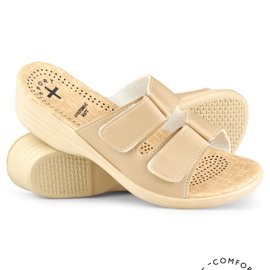 Comfortable women's slippers with velcro beige 1