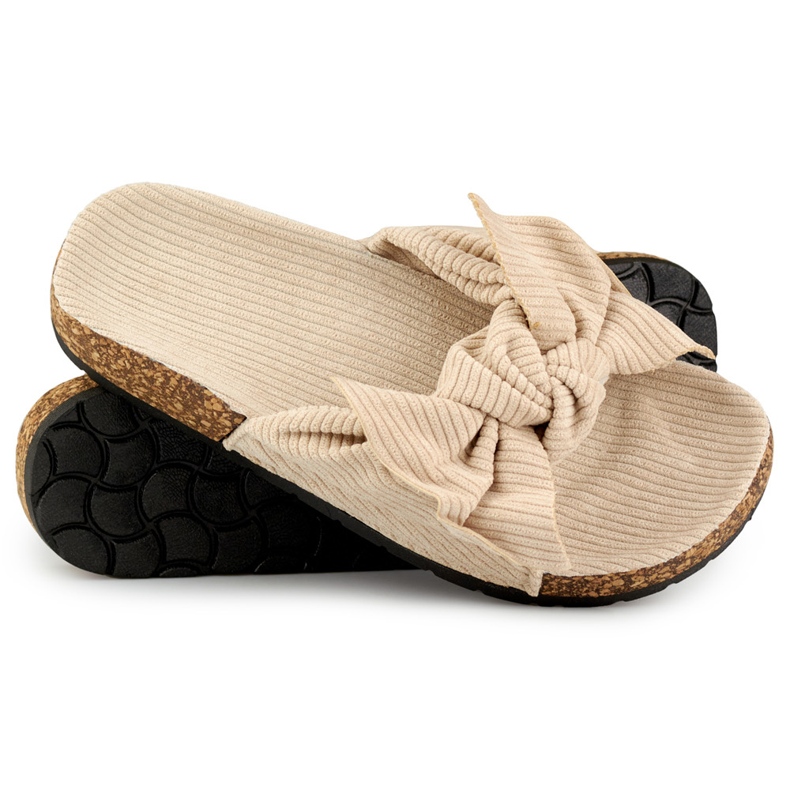 Classic suede beige women's slippers with a bow 1