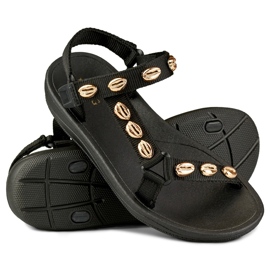 Women's flat sandals with golden decorations black 1