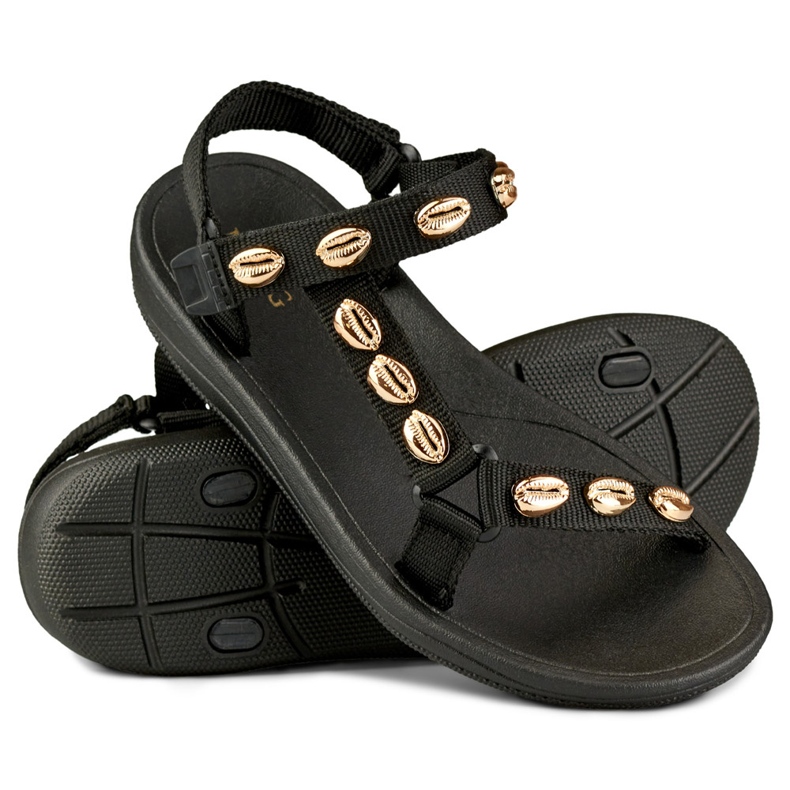 Women's flat sandals with golden decorations black 1