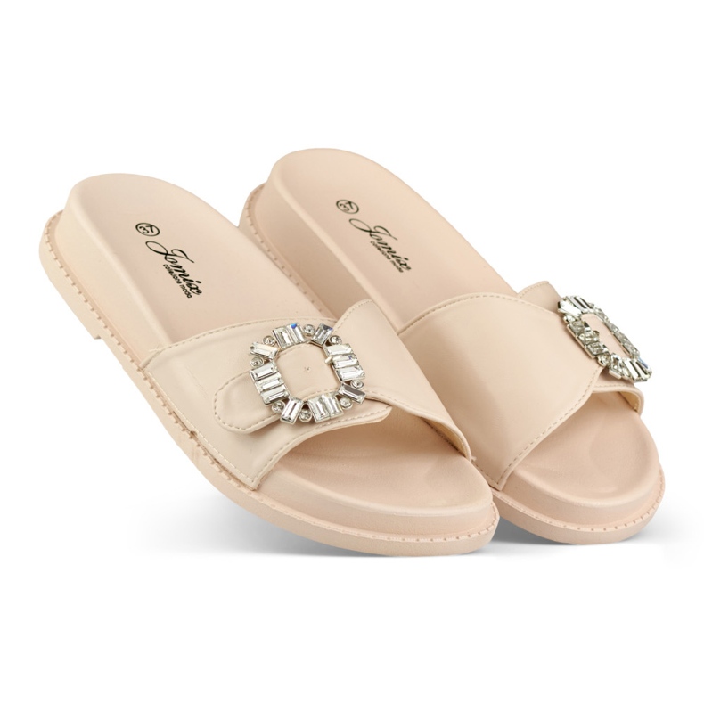 Beige women's slippers with a decorative buckle 1