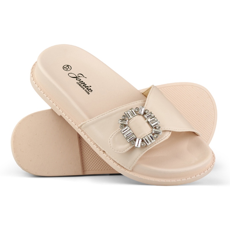 Beige women's slippers with a decorative buckle 2
