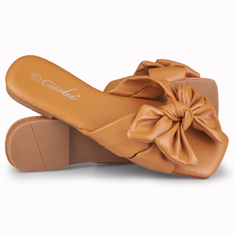Caramel bow slippers from Isanna brown 1