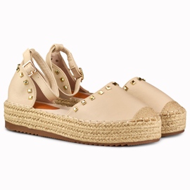 Beige espadrilles with studs fastened at the ankle 2