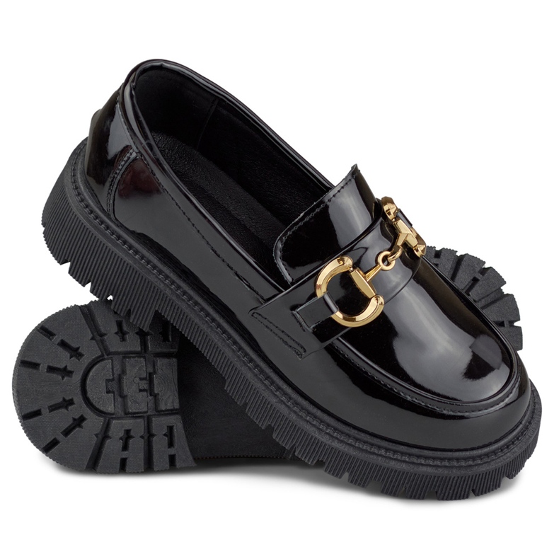 Lacquered black women's loafers with decoration 1