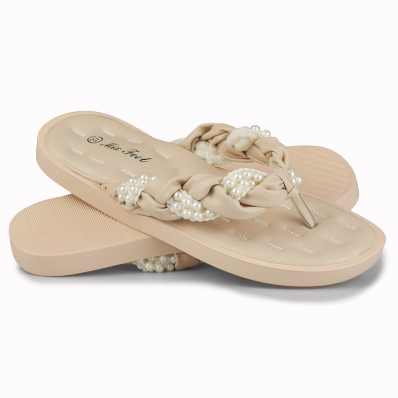 Women's beige flip-flops with pearls 1