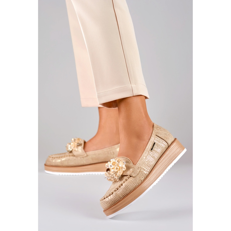 Openwork shoes on the platform with a decoration beige 2