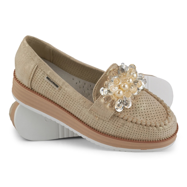 Openwork shoes on the platform with a decoration beige 1